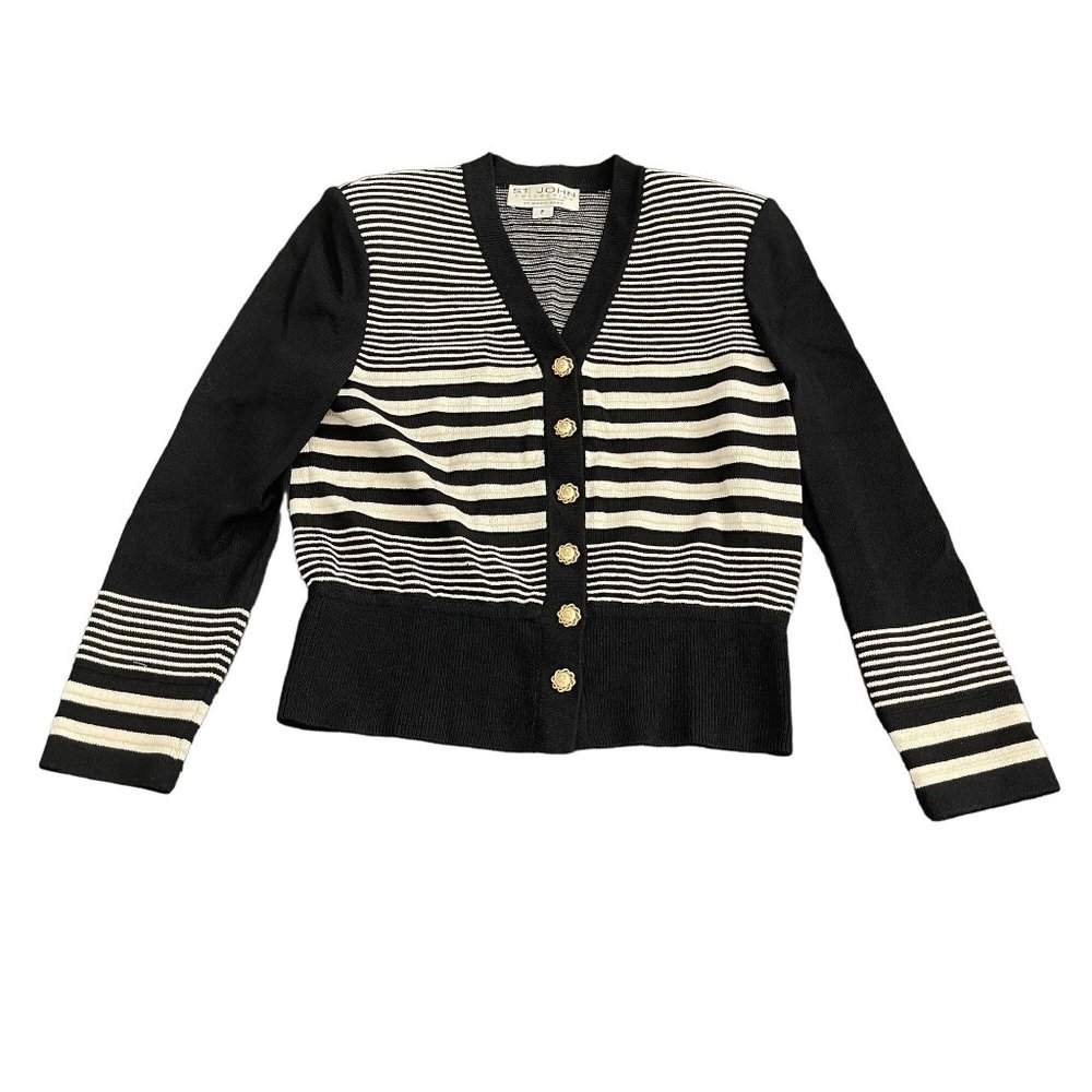 St. John Collection By Marie Gray White Black Gold Button Up Cardigan, Size P